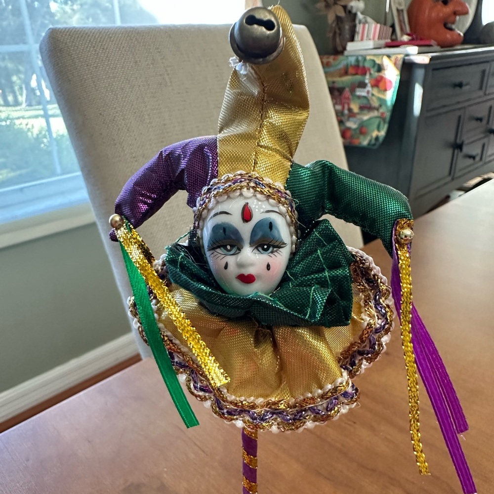Mardi Gras Porcelain Jester Doll on Stick